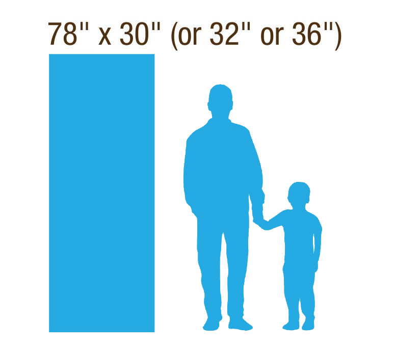 Blue silhouettes of adult and child next to a rectangle measuring 78 by 30 to 36 inches for size comparison