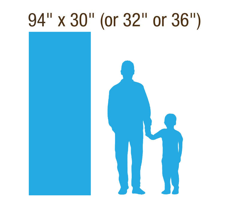 Blue silhouette of adult and child next to blue rectangle labeled 94 by 30 inches size comparison.