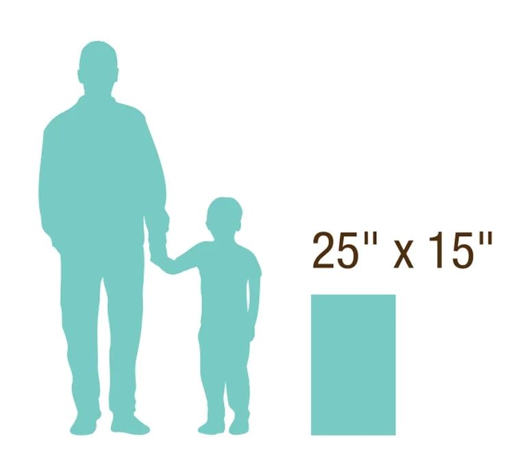 Silhouettes of an adult and child holding hands next to a 25 by 15 inch rectangle for size reference