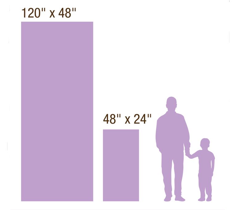 Comparison of two purple rectangular panels sized 120x48 and 48x24 inches next to silhouettes of an adult and child.