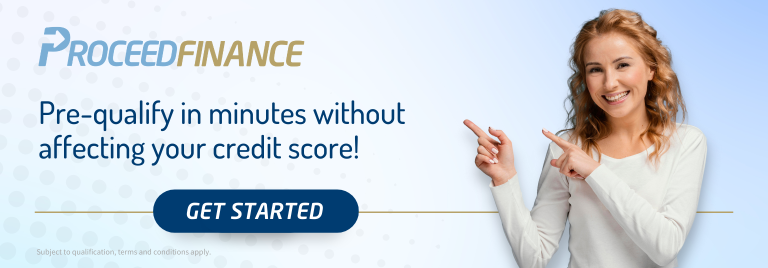 woman pointing at proceed finance logo and text that says pre-qualify in minutes without affecting your credit score