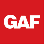 GAF company logo with white letters on a red background, bold and simple design.