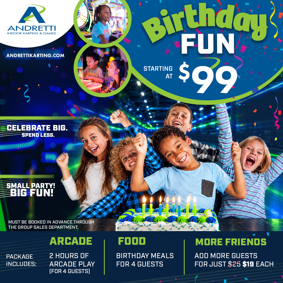 Children celebrate a birthday with cake at Andretti Indoor Karting with overlaid text about party packages starting at $99.