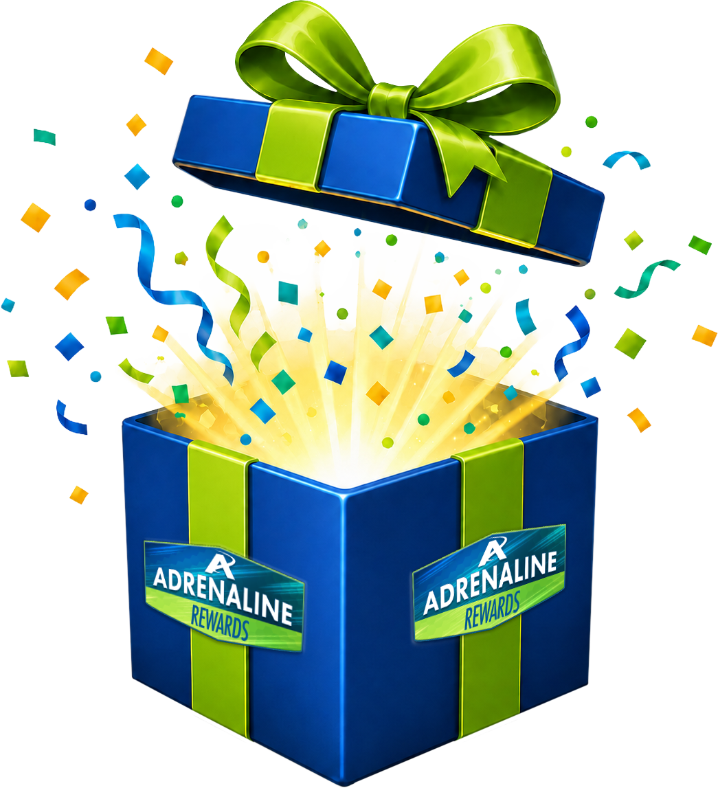 Blue gift box with green ribbon and Adrenaline Rewards label bursting with confetti and light.