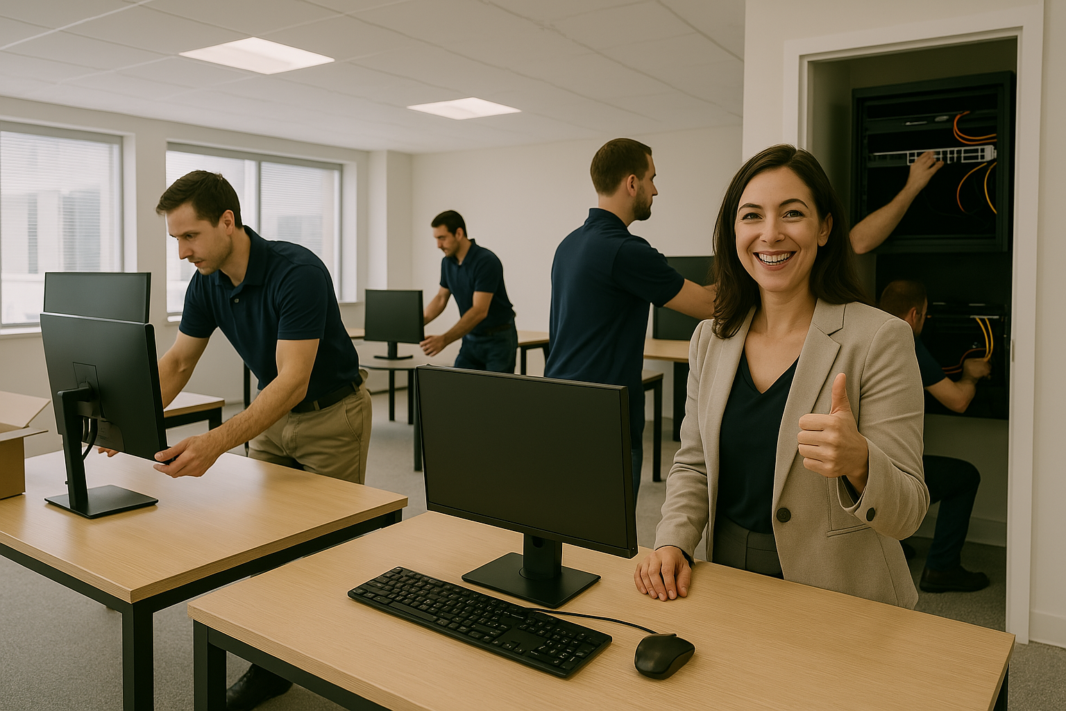 Client happy with tech setup at new office giving thumbs up with smile