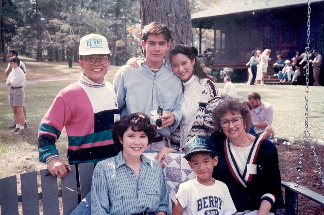Yoda family pose at Berry College during 1990 Mountain Day