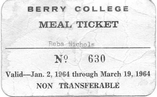 Berry College meal ticket from 1964