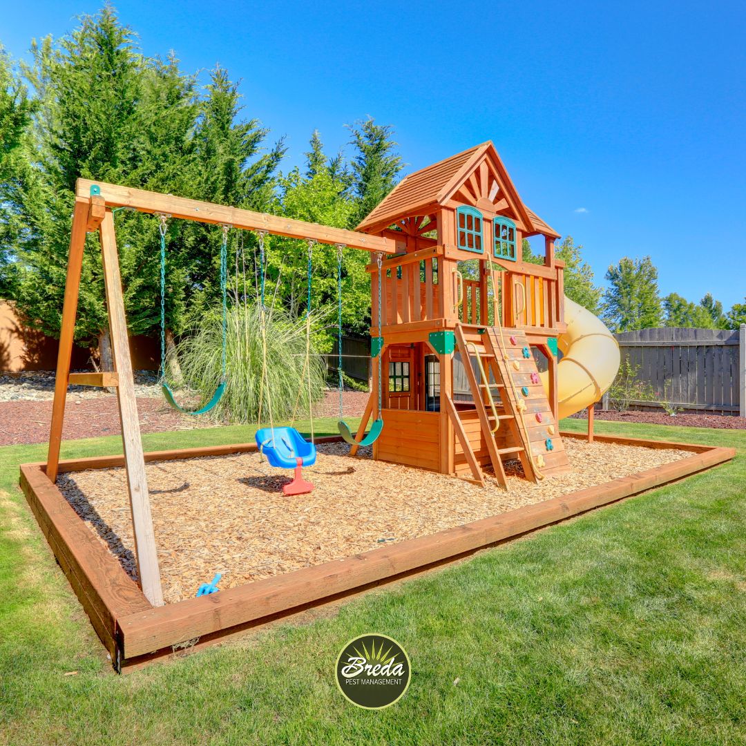 Wooden playground set with swings, slide, rock climbing wall in backyard surrounded by grass and trees.