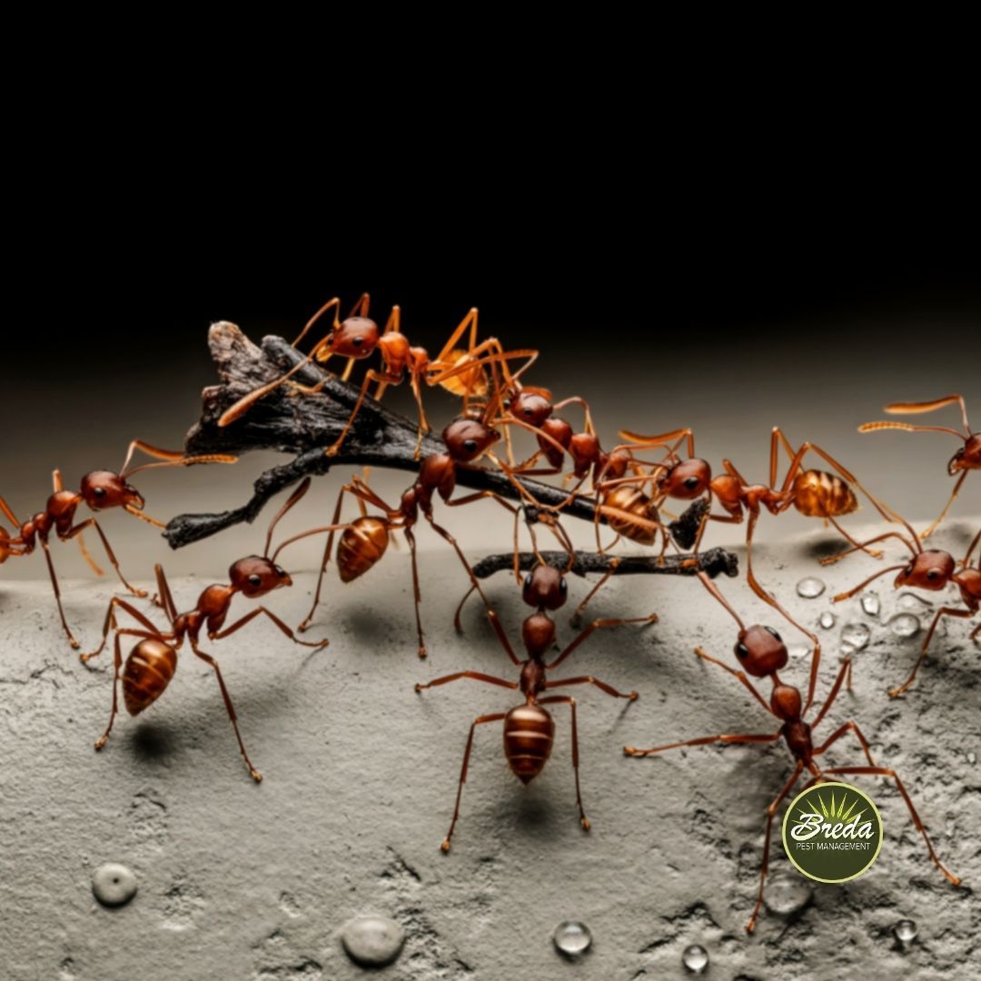 red ants crawling on and carrying a twig ant pest control in Atlanta Georgia