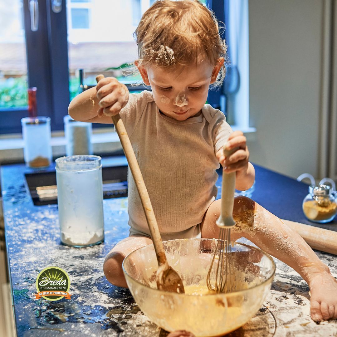 child sitting on the kitchen counter helping bake eco friendly pest control Flowery Branch GA