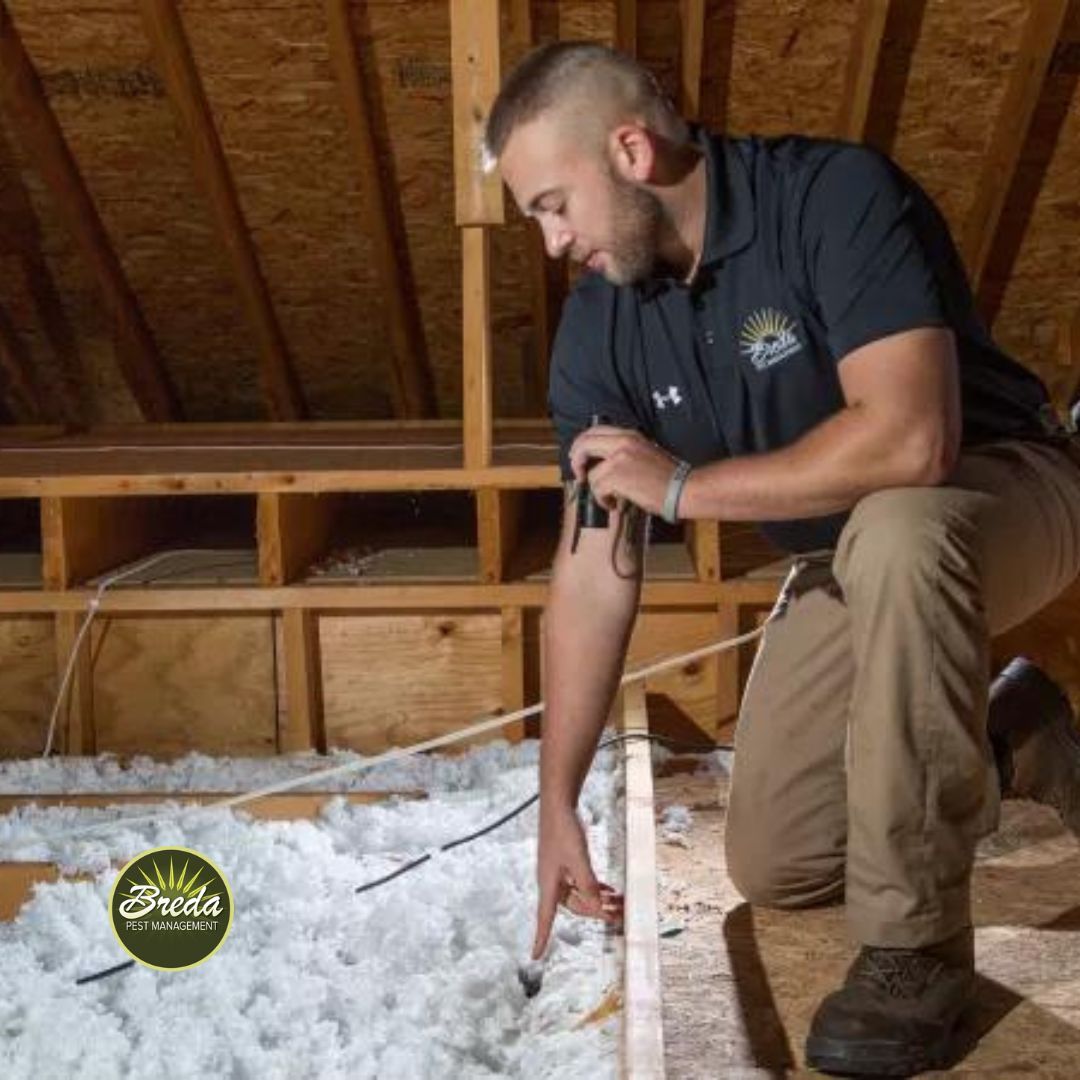 BREDA wildlife control technician checking attic insulation