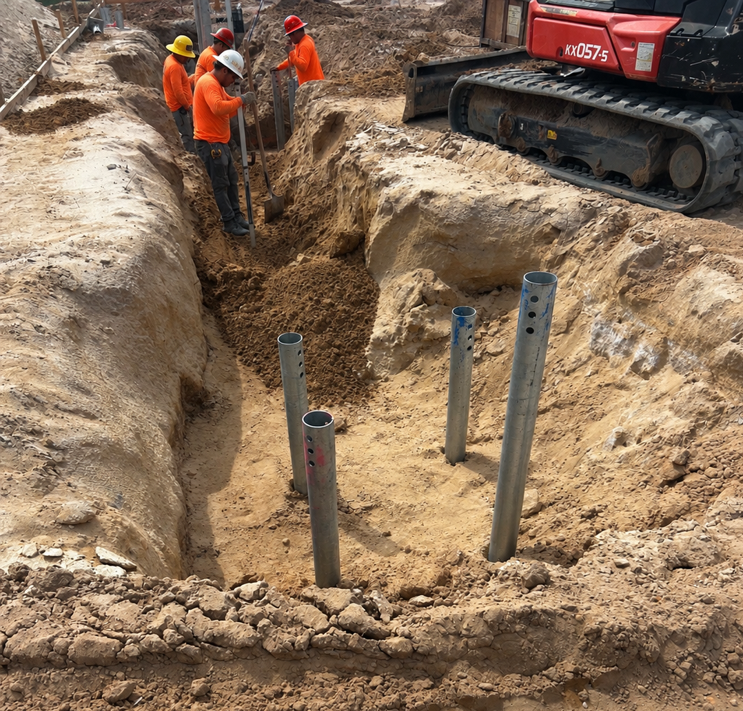 Construction workers in helmets installing helical piles in a deep trench with excavator tracks nearby on sandy soil.