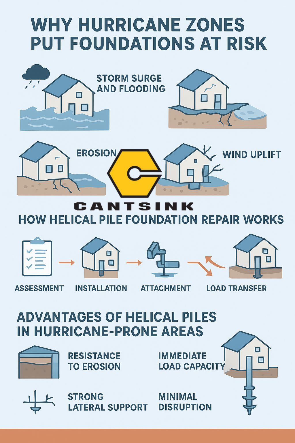 Infographic illustrating the importance of helical pile foundation repair in hurricane-prone regions. It is divided into three sections: (1) 