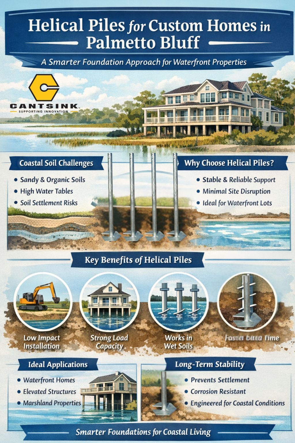 Cantsink Helical Pile construction for custom homes in Palmetto Bluff, NC