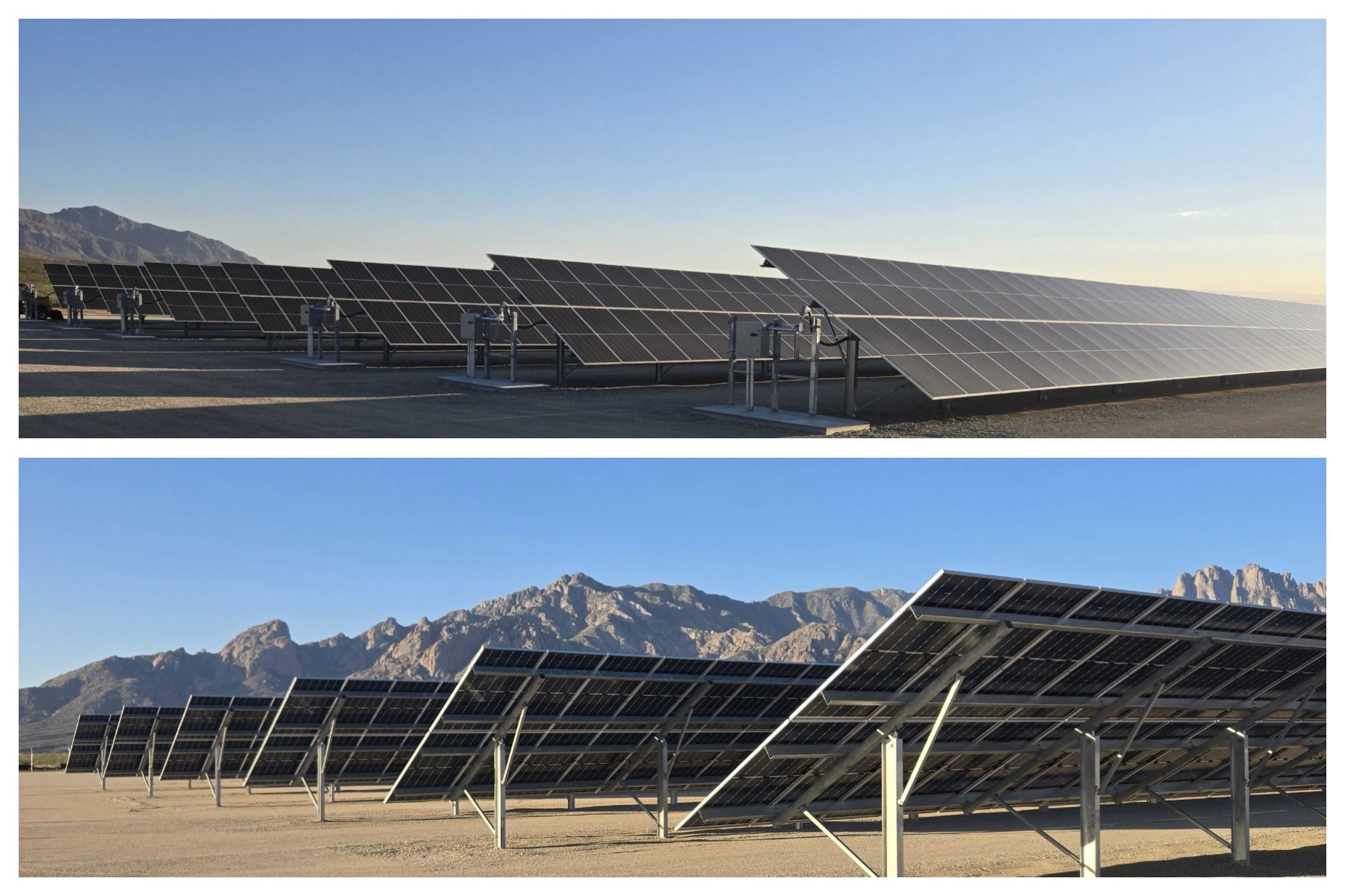 Rows of solar panels installed in a desert area with mountains in the background under clear blue sky.