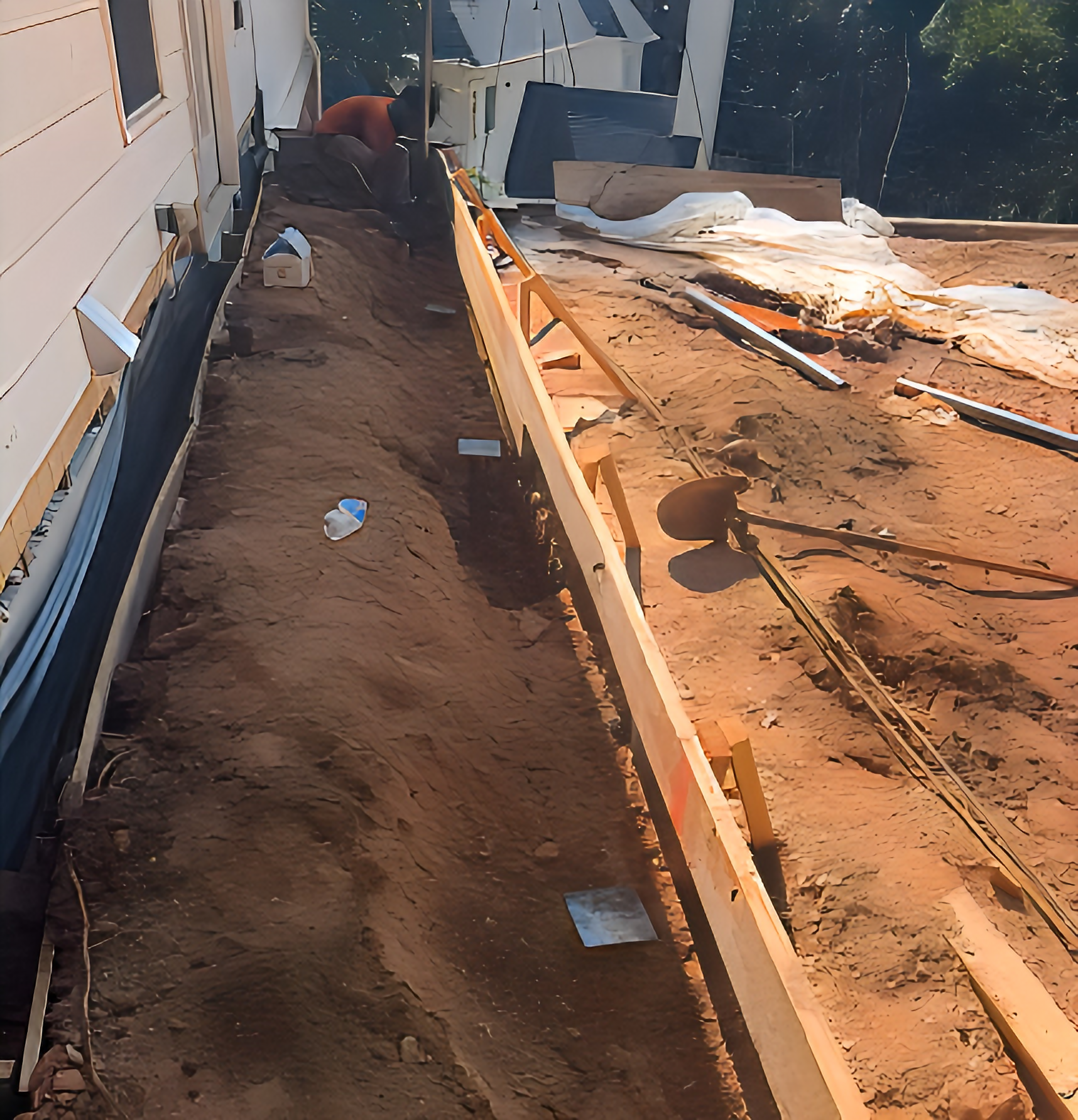 Construction site beside a building with wooden frames and earthwork in progress under bright sunlight.