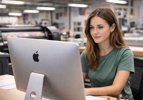 A female graphics person reviews an artwork file at a print shop 