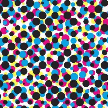 A close up of Cyan, Magenta, Yellow, and Black ink dots