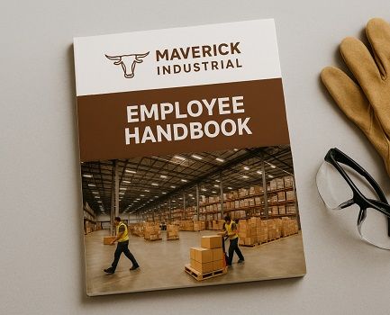 An employee handbook for Maverick Industrial lying on a gray counter next to a pair of work gloves and safety glasses