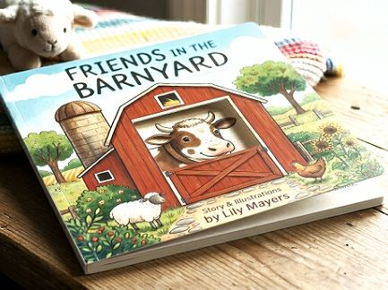 A children's book with a die cut window on the front cover revealing the cow's head printed on the first interior page