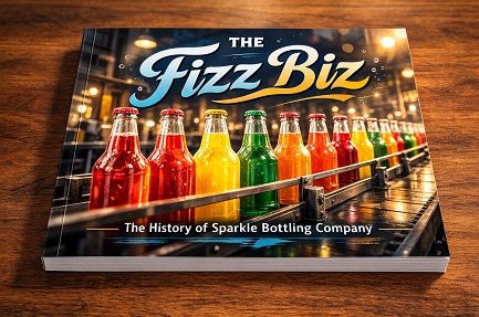 A softcover book about the history of the Sparkle Bottling Company with colorful soda bottles on the cover