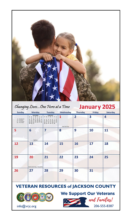 A printed wall calendar promoting a veterans service organization