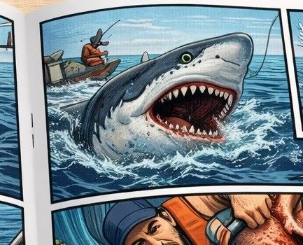 Panels of a comic book depicting a fisherman catching a sharkice