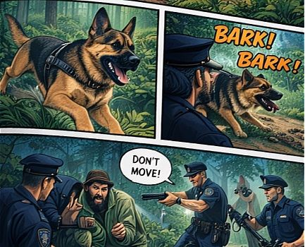 Panels of a comic book depicting a police manhunt through the woods