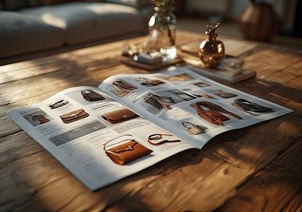 A booklet catalog of leather purses and accessories lying open on a wooden table
