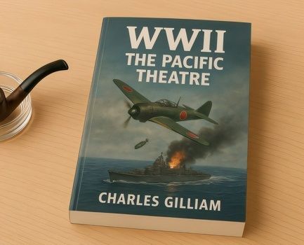 A softcover book entitled WWII The Pacific Theatre lying on a wooden desk next to a pipe in a glass ashtray