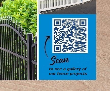 A blue QR code printed on a fence company's promotional literature