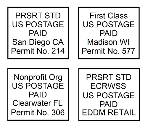 Four different examples of postal Indicia
