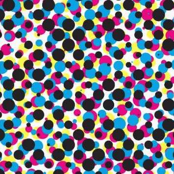 A close up of Cyan, Magenta, Yellow, and Black ink dots