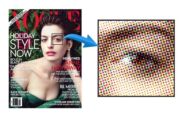 A Vogue magazine cover featuring Anne Hathaway and a close up image of her left eye