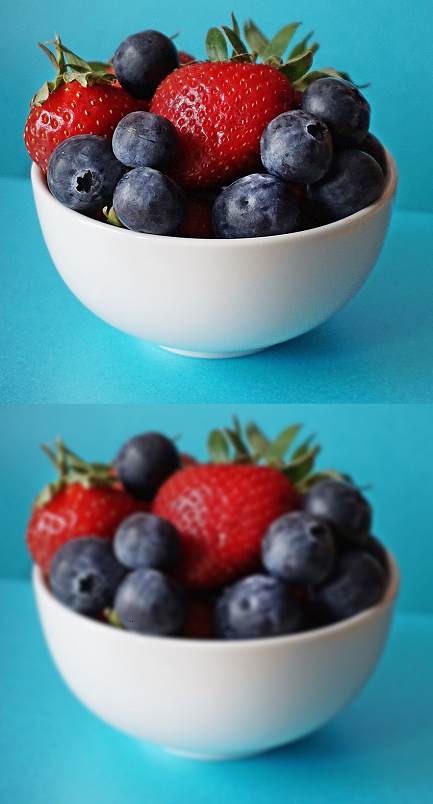 Two bowls of fruit - one printed in high resolution and the other printed in low resolution