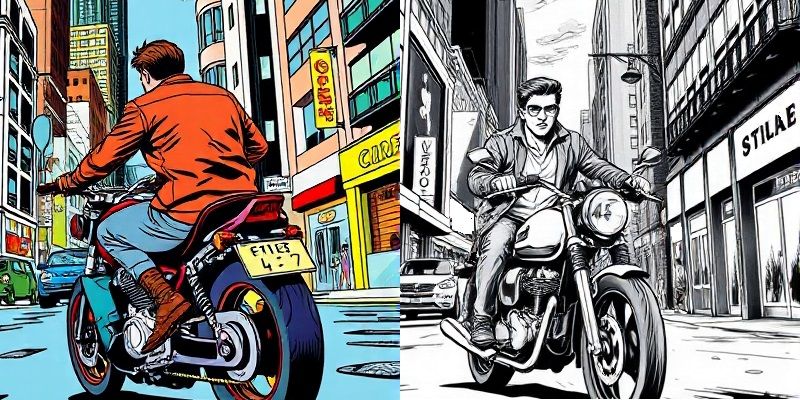 A full color comic book panel of a man on a motorcycle next to a grayscale comic book panel of a man on a motorcycle