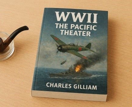 A softcover book entitled WWII The Pacific Theatre lying on a wooden desk next to a pipe in a glass ashtray