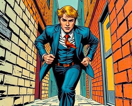 A colorful comic book panel showing a man in a blue suit running down an alley