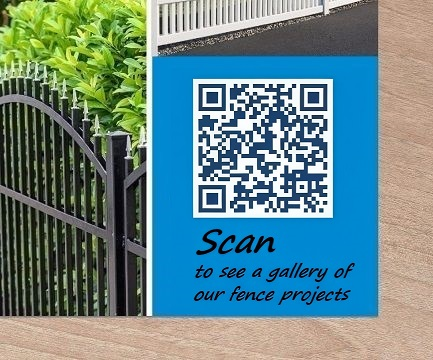 A blue QR code printed on a fence company's promotional literature