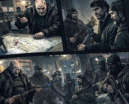 Panels of a comic book depicting the planning of a secret mission