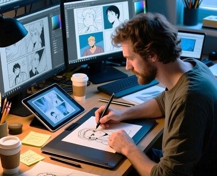 A comic book illustrator experimenting with different characters for a new comic book series
