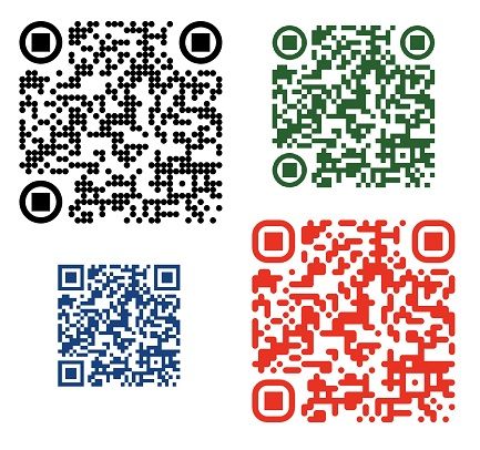 Four different examples of QR codes in the colors of black, green, blue, and red