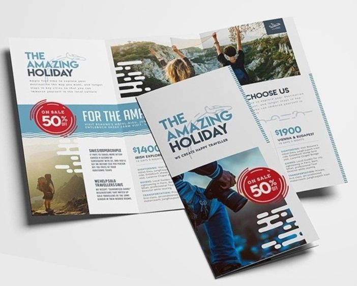 Two tri-fold brochures, one open and one closed 