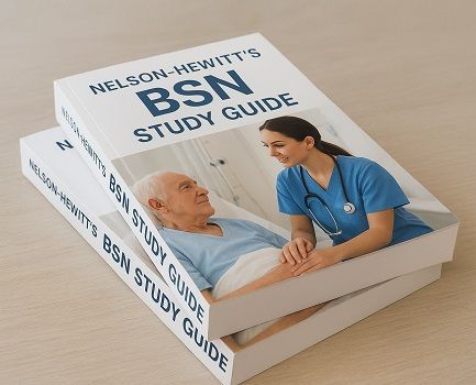 Two softcover nursing study guides showing a nurse and an elderly male patient lie in a stack on a table  