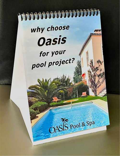 A self-standing flip book for a swimming pool company