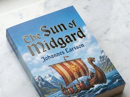 A book with the title The Sun of Midgard and a Viking ship on its cover lies on a marble counter