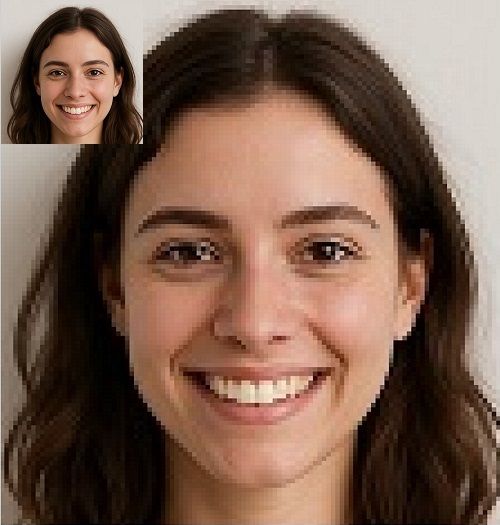 A small photos of a woman's face next to an enlarged version of the same photo