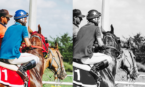 A color image and a grayscale image showing a jockey on his horse
