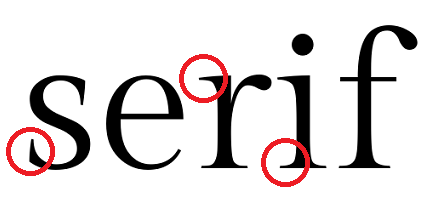 The word Serif written in a Serif style font with three of the Serif extensions circled in red