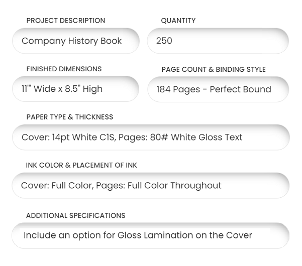 An example of a Quote Request for a printed book showing the specifications needed